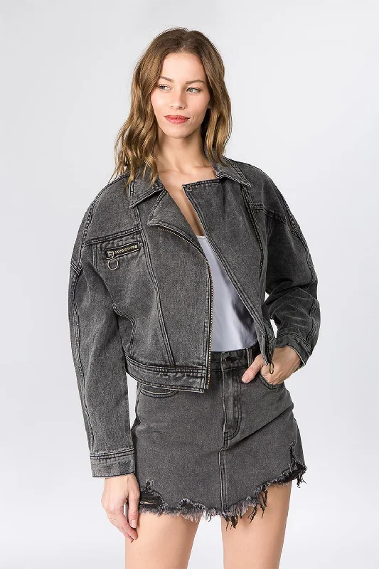 Classic Comfort Women's Oversized Moto Biker Denim Jacket