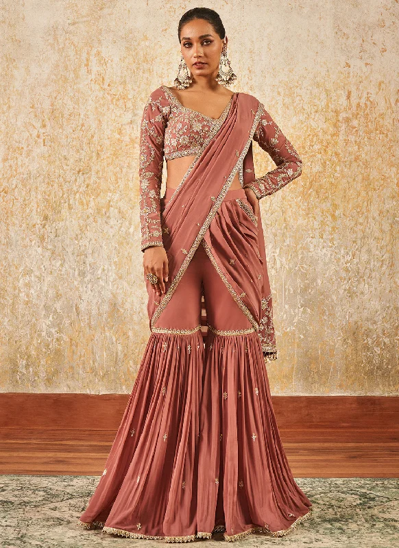 Cozy Street Style Dusty Rose Embroidered Gharara Style Saree