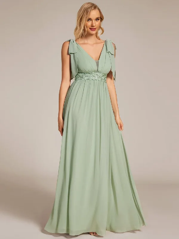 Soft Comfort Bow Shoulder Empire Waist Maxi Bridesmaid Dress