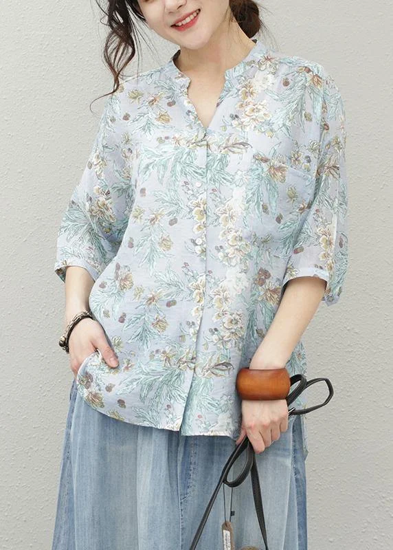 Soft Casuals Italian light blue print linen tunic pattern v neck half sleeve top