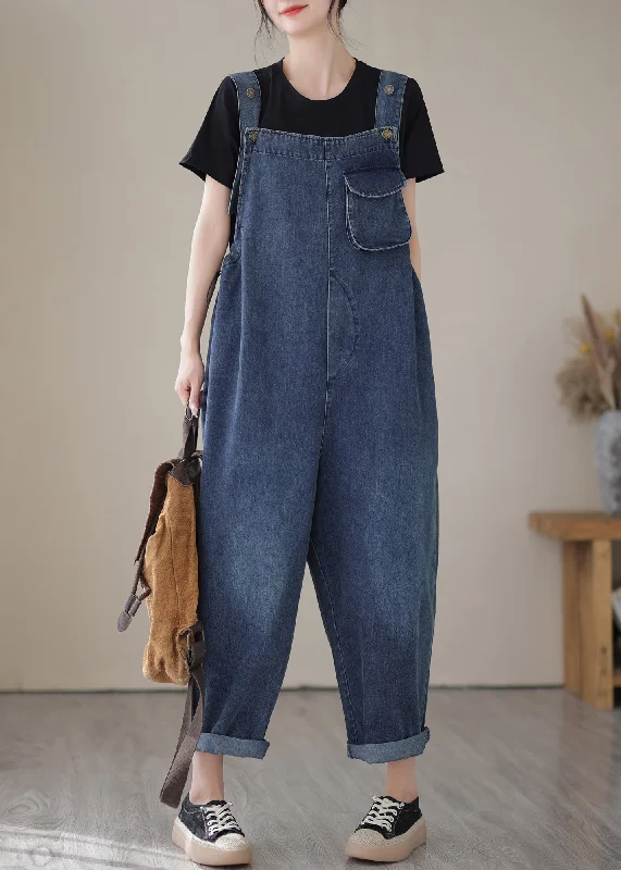 All-Day Style Casual Blue Slash Neck Patchwork Button Denim Jumpsuit Summer