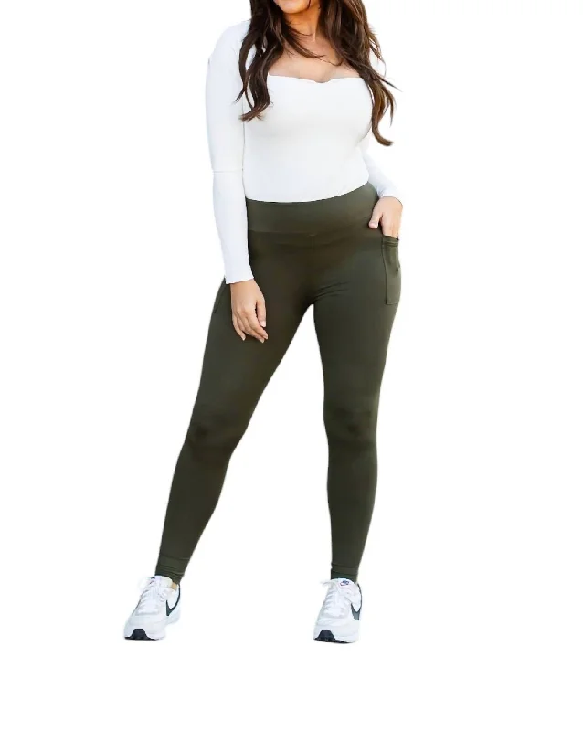 Casual Chic Outfits Full-Length Leggings With Pocket In Olive