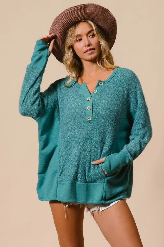 Soft Looks BiBi Thumb Opening Long Sleeve Top with Kangaroo Pocket