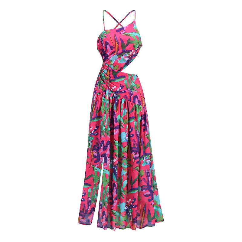 Easygoing Fashion Asymmetrical Gathered Cutout Floral Print High Split Backless Slip Maxi Dress