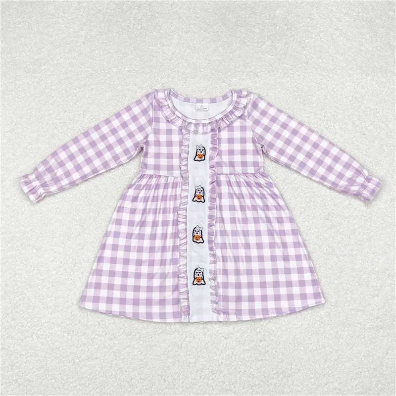 All-Day Outfits GLD0626  Baby Girls Lavender Checkered Halloween Ghost Knee Length Dresses