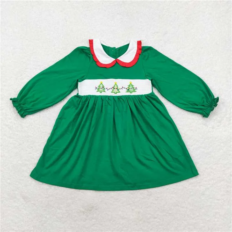 Relaxed Tops GLD0559 Baby Girls Christmas Tree Green Knee Length Smocked Dresses