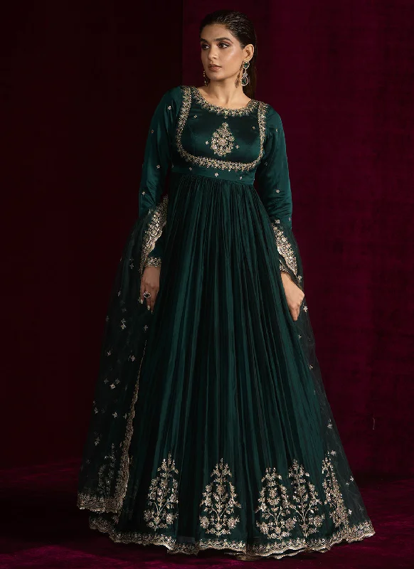 Soft Looks Green Embroidered Silk Anarkali