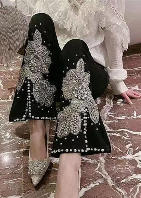 Versatile Style Fashion Black Pockets Nail Bead Denim Flared Trousers Spring