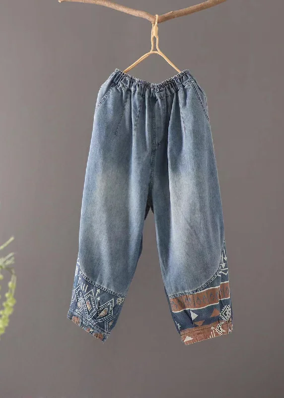 Modern Comfort Wear Casual Blue Pockets Elastic Waist Patchwork Denim Crop Pants Summer