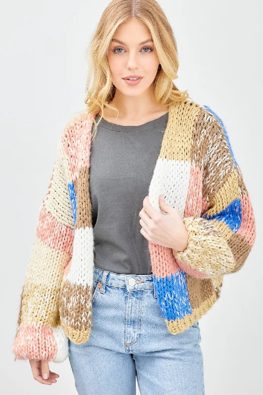 Easy Wear Chic Brown Color Block Checkered Thick Knit Cardigan