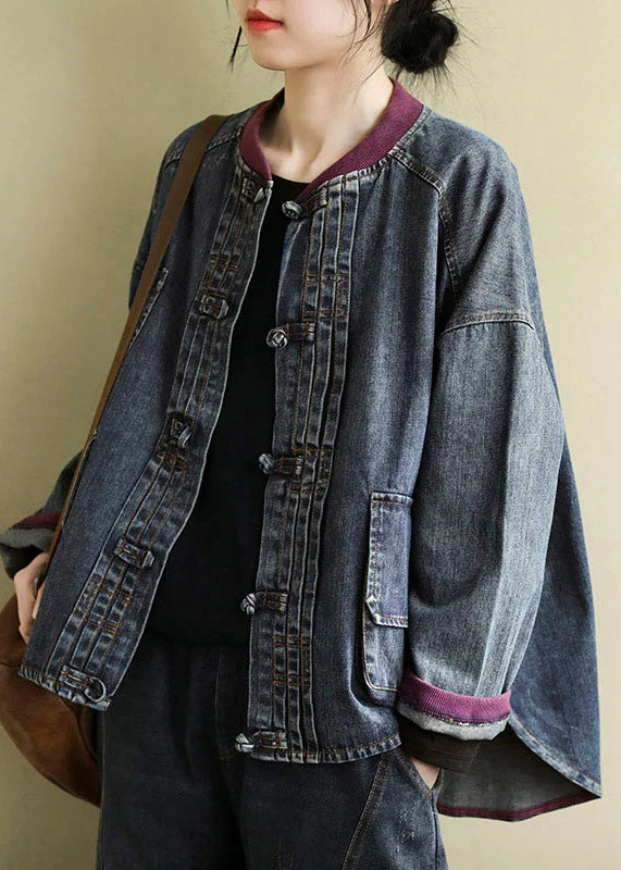 Comfy Layers Vintage Blue O-Neck Patchwork Low High Design Cotton Denim Coats Spring