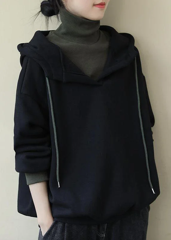 Weekend Comfort Wear Italian Black Hooded Patchwork Fine Cotton Filled Sweatshirt Streetwear Spring