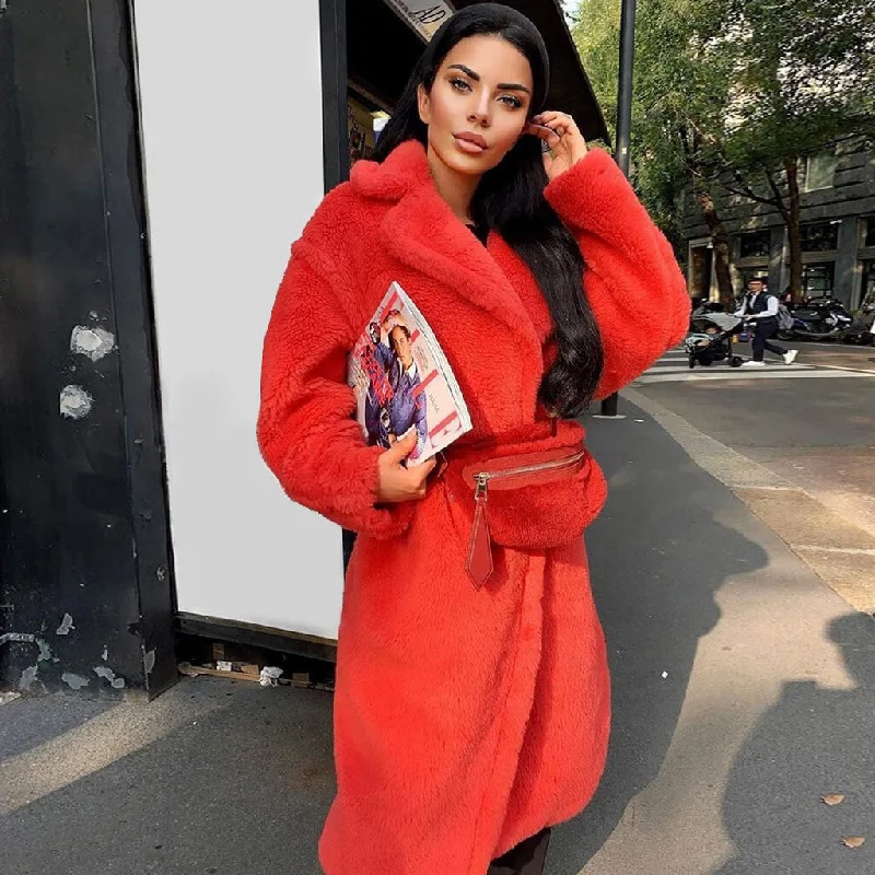 Easygoing Outfits Luxury Long Sleeve Notch Collar Midi Faux Fur Coat - Red