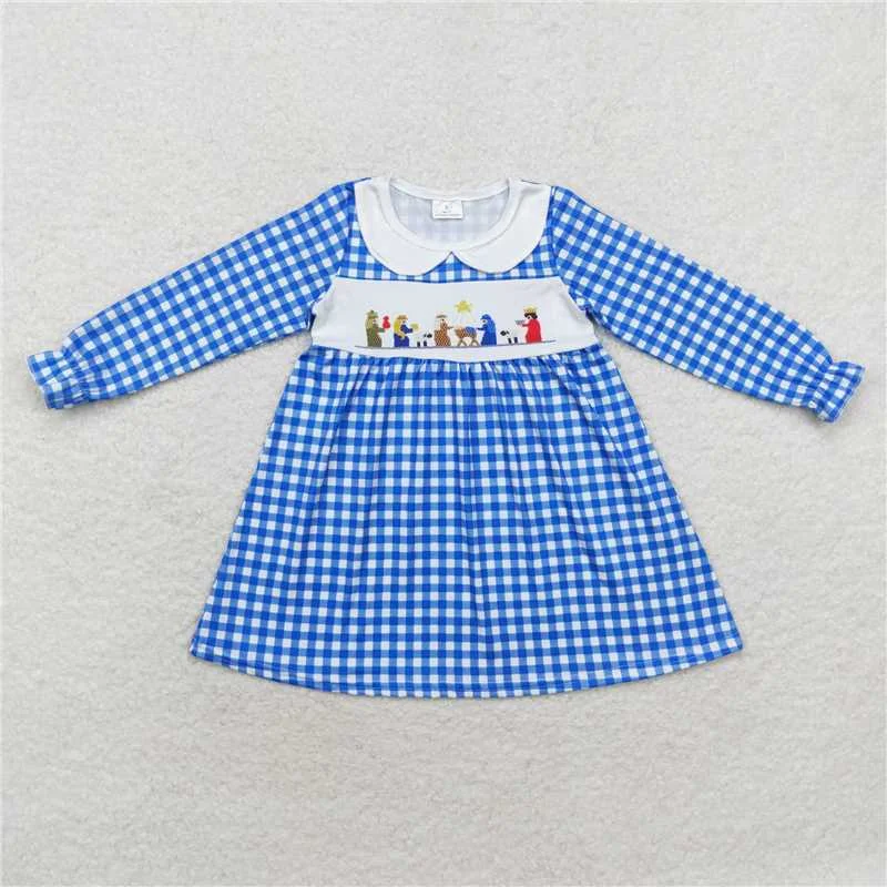 Comfortable Fitwear GLD0647  Baby Girls Blue Checkered Nativity Christmas Knee Length Dresses