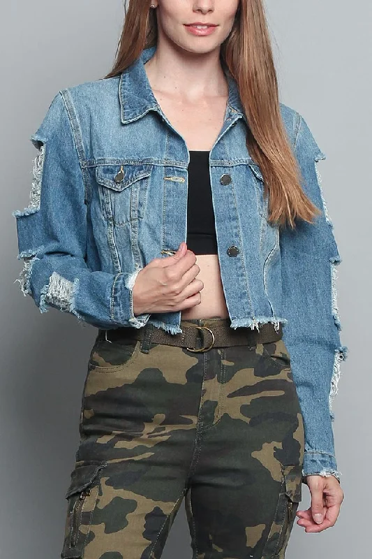 Simple Chic Cropped Distressed Denim Jacket