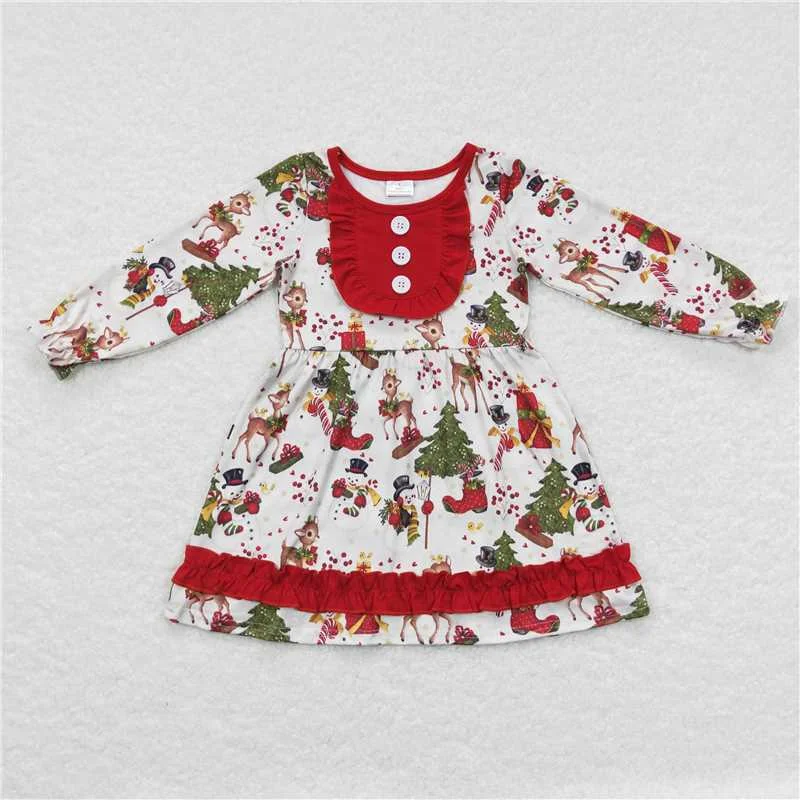 Timeless Outfits GLD0292  Baby Girls Christmas Deer Ruffle Knee Length Dresses