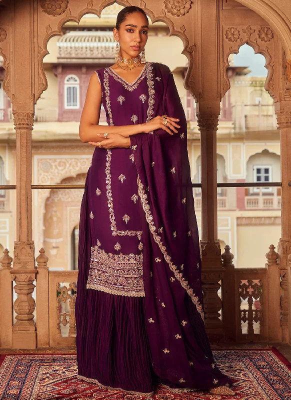 Soft Feel Purple Embroidered Chiffon Palazzo Suit
