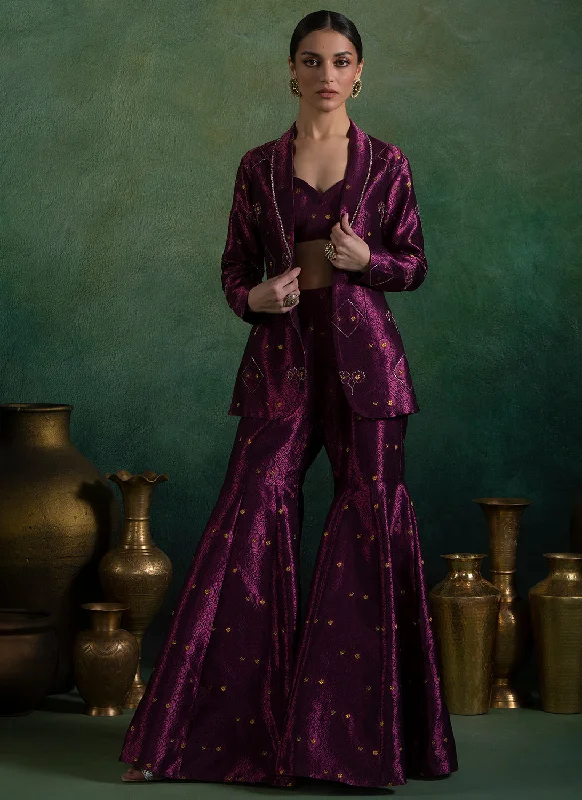 Soft Relaxation Wear Purple Embroidered Gharara With Blazer