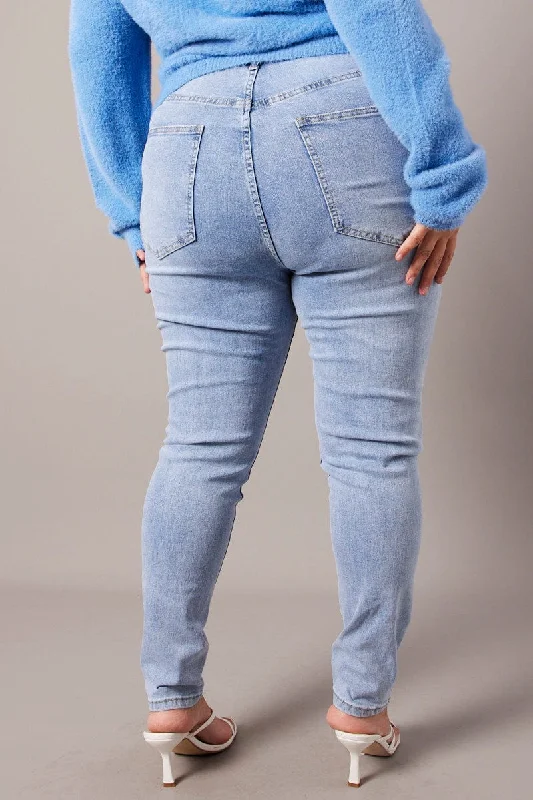 Chic Comfort Wear Denim Skinny Jeans High Rise Knee Slit Stretch