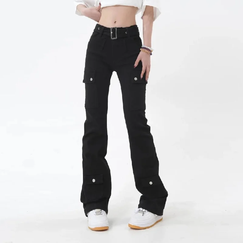 Light Comfort Slim Black Flare Pants: American Style Solid Color Chic Buttons Women's Jeans