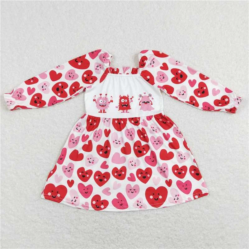 Soft Feel GLD0498  Baby Girls Valentines Monster Long Sleeve Red Knee Length Dresses