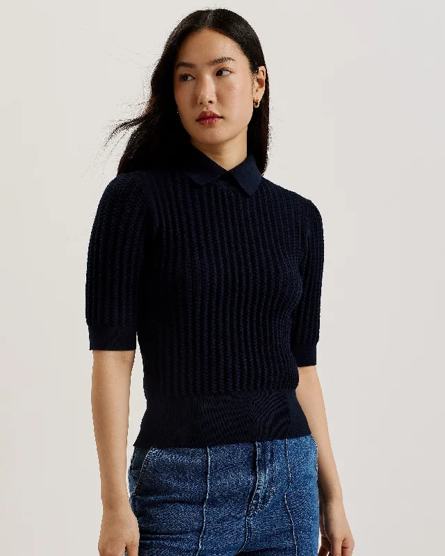 Relaxed Looks Morliee Puff Sleeve Fitted Sweater Navy