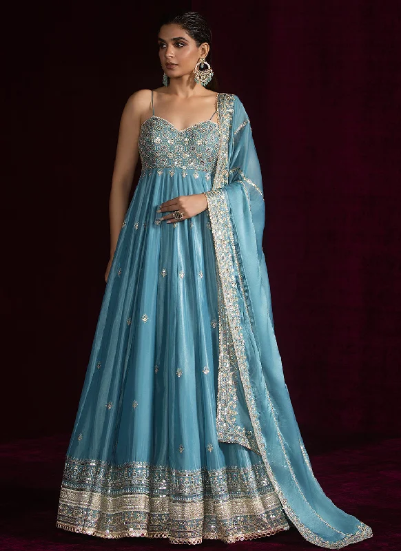 Effortless Outfits Light Blue Embroidered Silk Anarkali