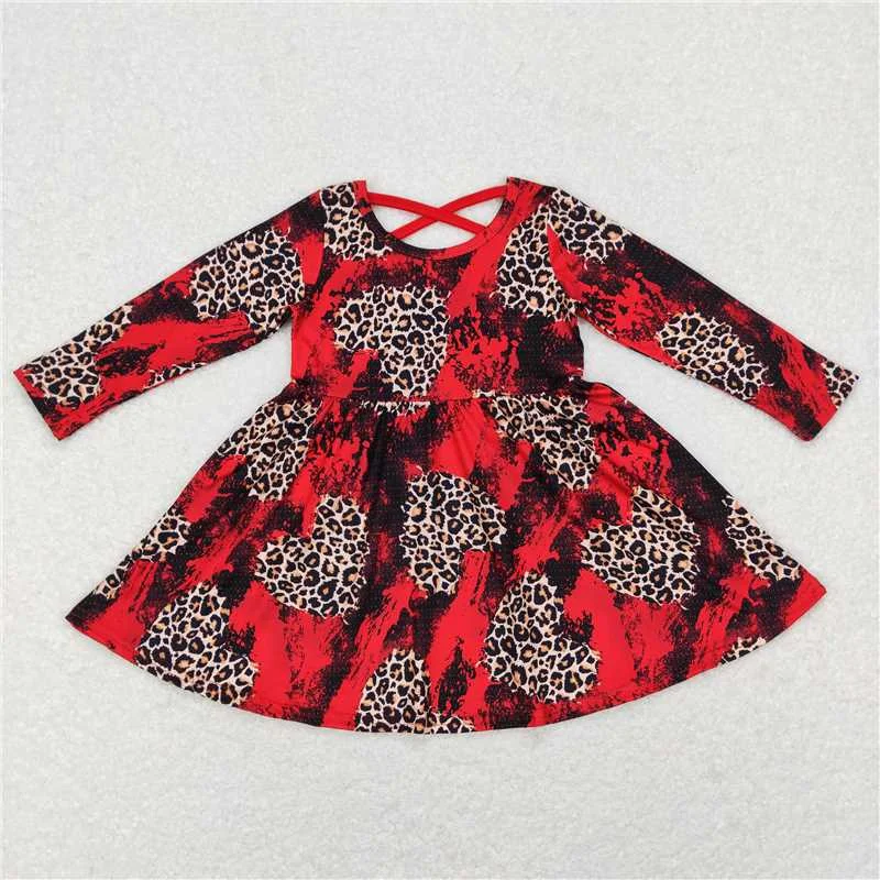Cozy Fashion GLD0490 Baby Girls Red Leopard Hearts Long Sleeve Valentines Dresses