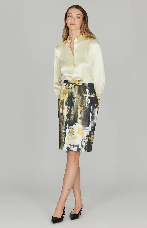 Warm Layers Abstraction Stretch Jacquard Narrow Skirt w/ Back Kick Pleat