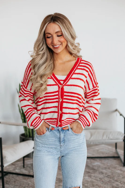 Comfortable Tops Scottie Striped Cardigan - Cherry Mix