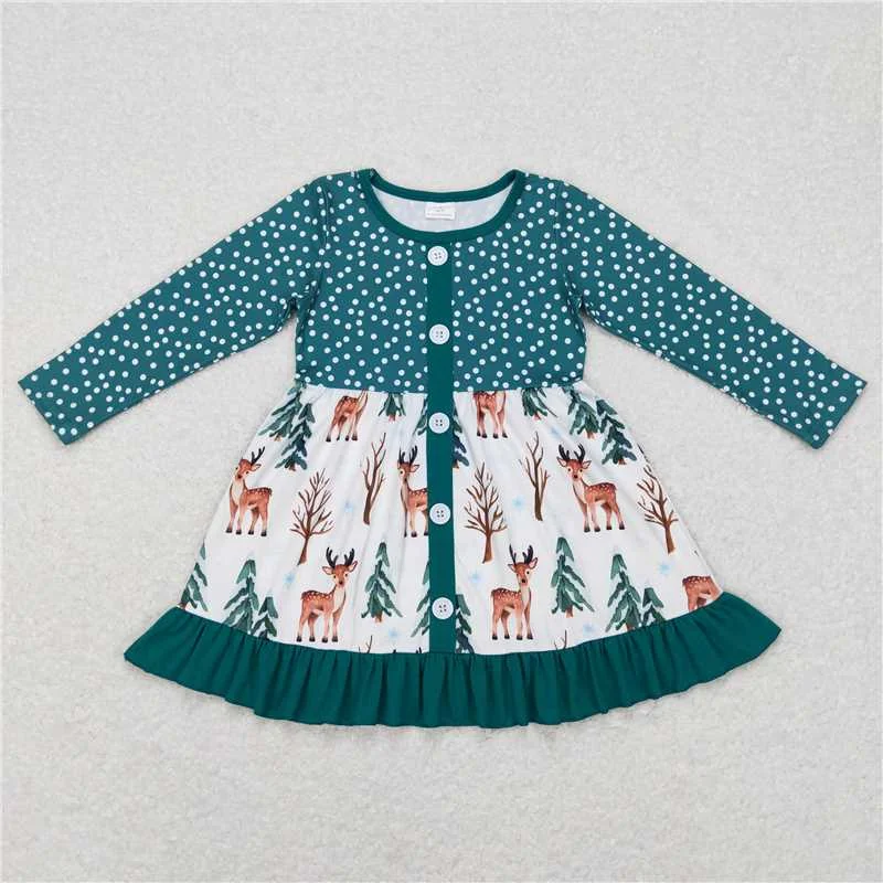 Cozy Chic Wear GLD0429  Baby Girls Christmas Tree Deer Long Sleeve Ruffle Dresses