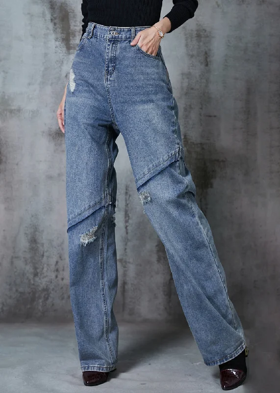 Cozy Fashion Trends Fitted Blue Patchwork Denim Pants Ripped Jeans Fall