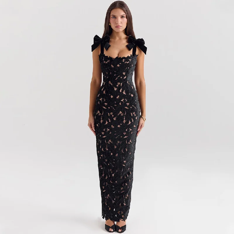 Relaxed Weekend Wear Romantic Bow Trim Sleeveless Bodycon Guipure Lace Maxi Dress