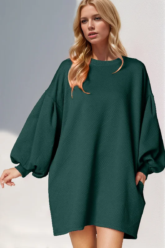 Comfortable Sweaters Green Drop Shoulder Mini Dres with Pockets & Lantern Sleeves