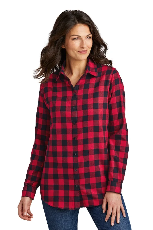 Comfy Chic Wear Port Authority Womens Flannel Long Sleeve Button Down Shirt - Red/Black Buffalo