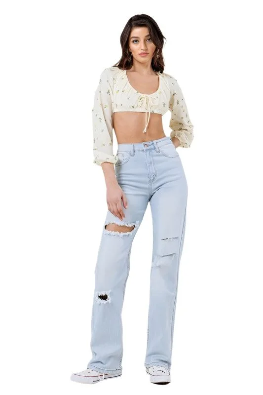 Modern Chic Light Stone Distressed Wide Leg Jeans