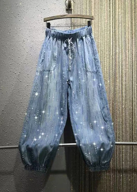 Versatile Outfits Stylish Blue Pockets Zircon Elastic Waist Denim Pants Summer
