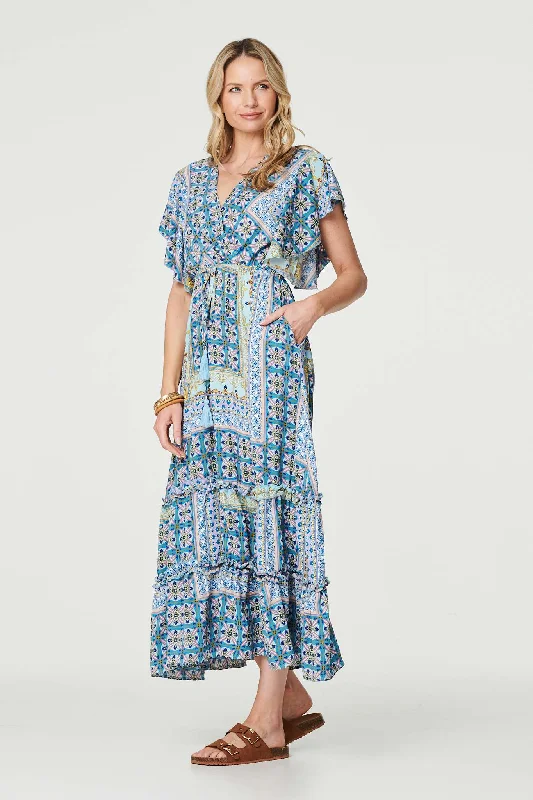 Versatile Outfits Printed Frill Sleeve Maxi Dress