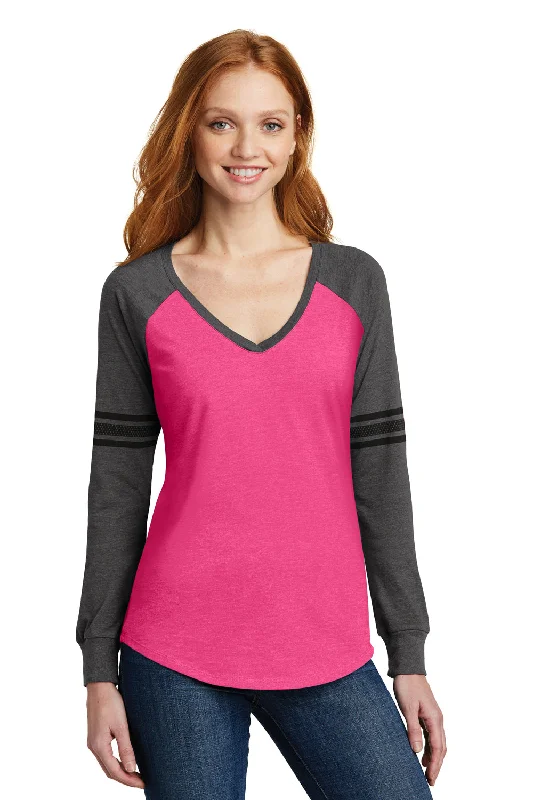 Everyday Chic District Womens Game Long Sleeve V-Neck T-Shirt - Heather Dark Fuchsia Pink/Heather Charcoal Grey/Black - Closeout