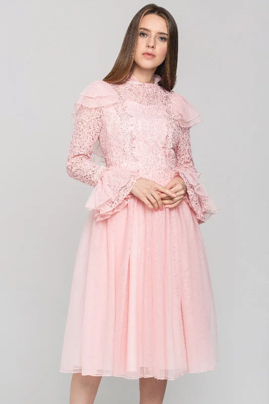 Effortless Outfits Pink Vintage Ruffle Lace Midi Dress