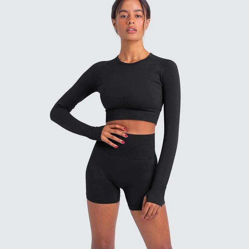 Long Sleeve Shorts Suit-Black