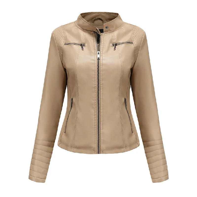 Effortless Looks Minimalist Stand Collar Long Sleeve Zip Up Slim Fit Vegan Leather Biker Jacket