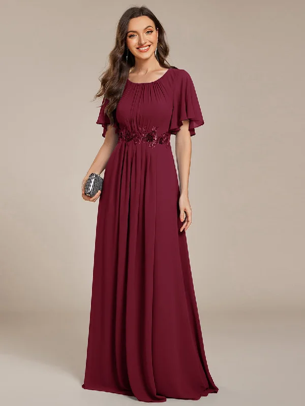 Cozy Essentials Wear Short Sleeve Pleated Applique A-Line Floor-Length Formal Evening Dress