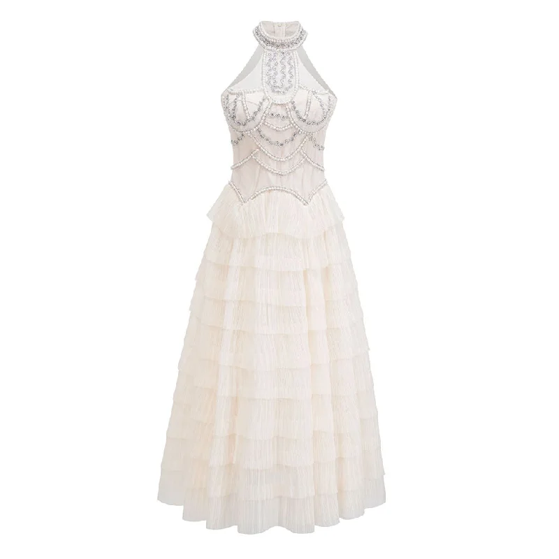 Warm Chic Outfits Opulent Crystal High Neck Sleeveless Tiered Pleated Tulle Maxi Evening Dress