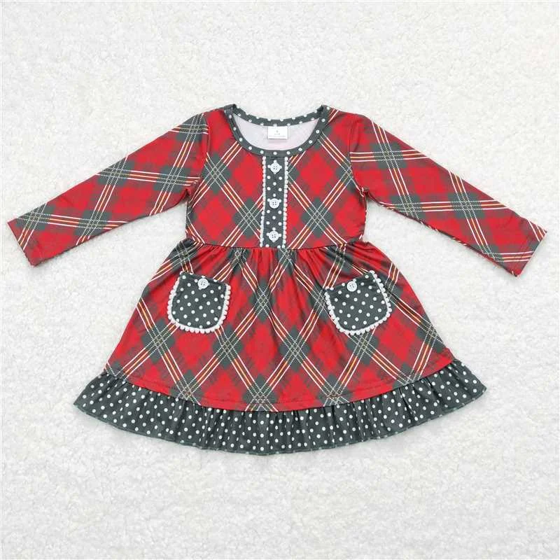 Fashionable Comfort GLD0424  Baby Girls Christmas Red Green Checkered Pockets Knee Length Dresses