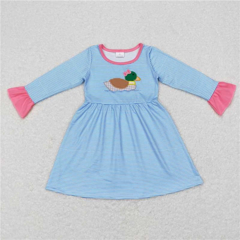 Warm Chic Outfits GLD0426 Baby Girls Duck Blue Stripes Long Sleeve Hunting Dresses