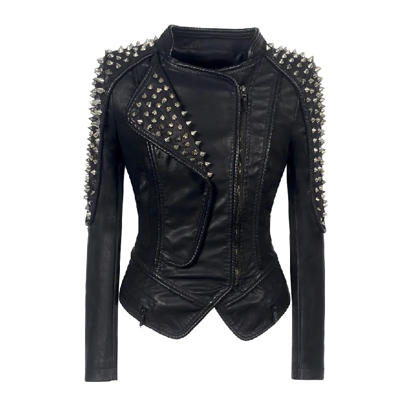 Easy Comfort Style Sharp Metal Rivet High Neck Long Sleeve Zip Up Faux Leather Biker Jacket