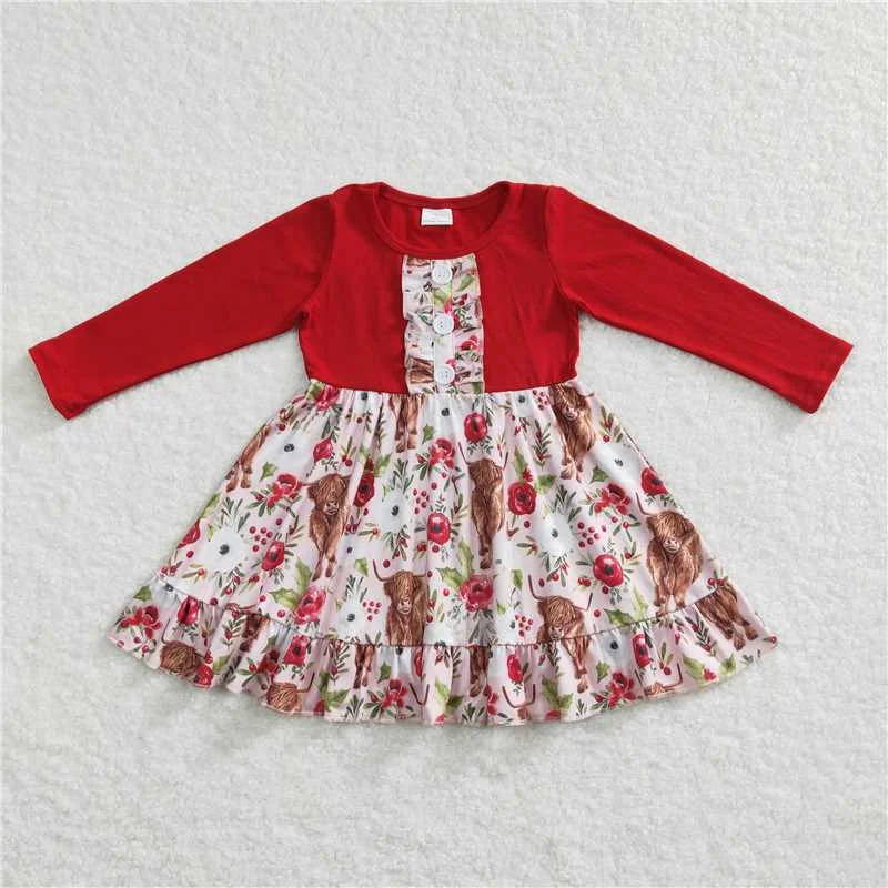 Easy Chic GLD0322 Baby Girls Christmas Ruffle Cows Knee Length Dresses