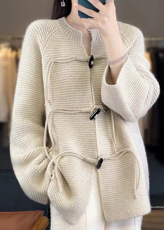 Cozy Outerwear French Beige Button Cozy Woolen Knit Coats Fall