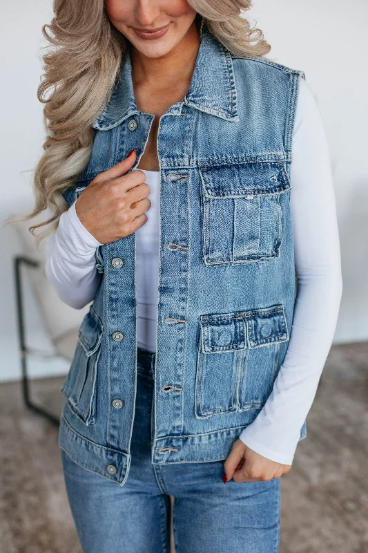 Casual Comfort Ryah Hidden Cargo Vest - Medium Wash